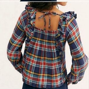 FREE PEOPLE Siena Western Plaid Pullover Boho Chic Top S ruffled long sleeve NEW